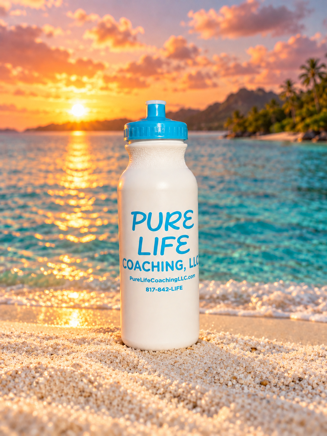 Pure Life Coaching LLC white water bottle with a blue cap, pictured on a beach at sunset